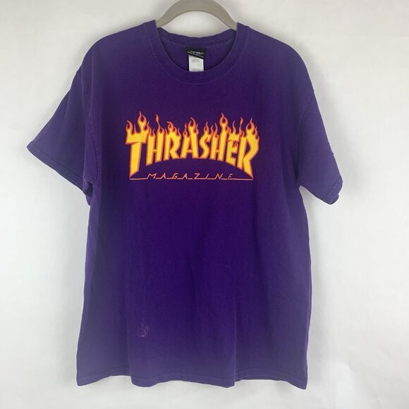 Vtg Y2K Thrasher Magazine Tee Purple T-Shirt Mens Large Grunge Flames Skater - Picture 1 of 11